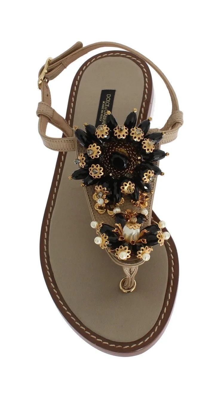 Beige Leather Crystal Floral Sandal