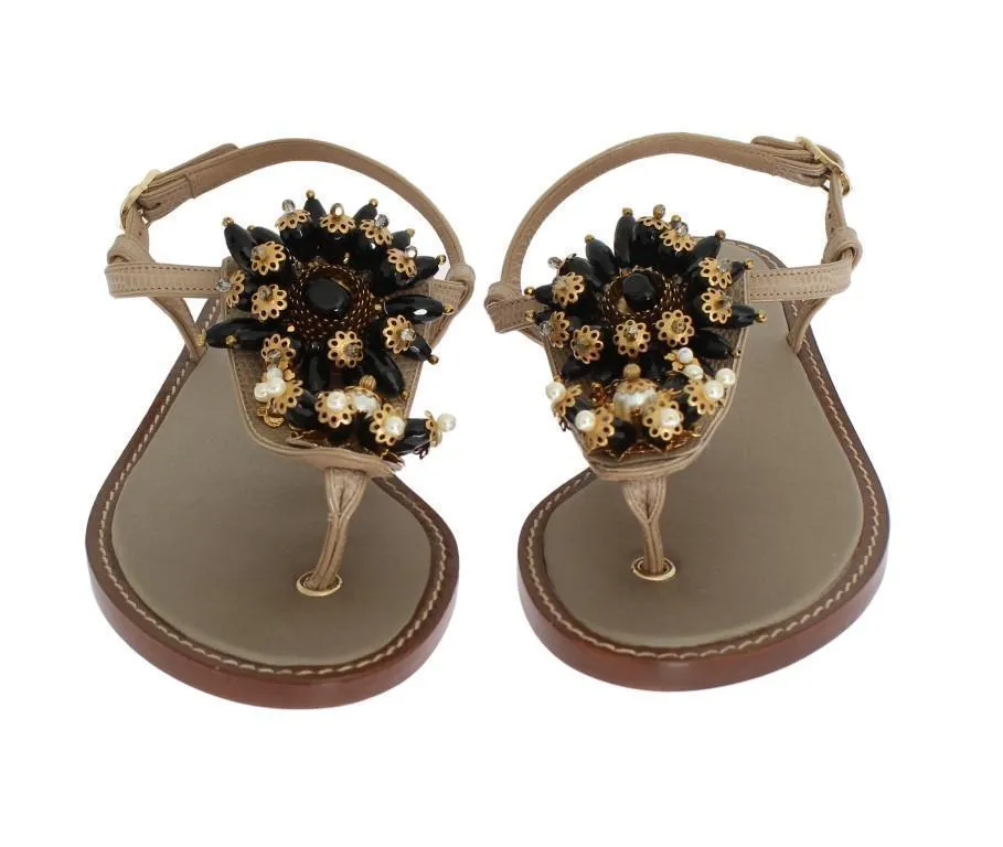 Beige Leather Crystal Floral Sandal