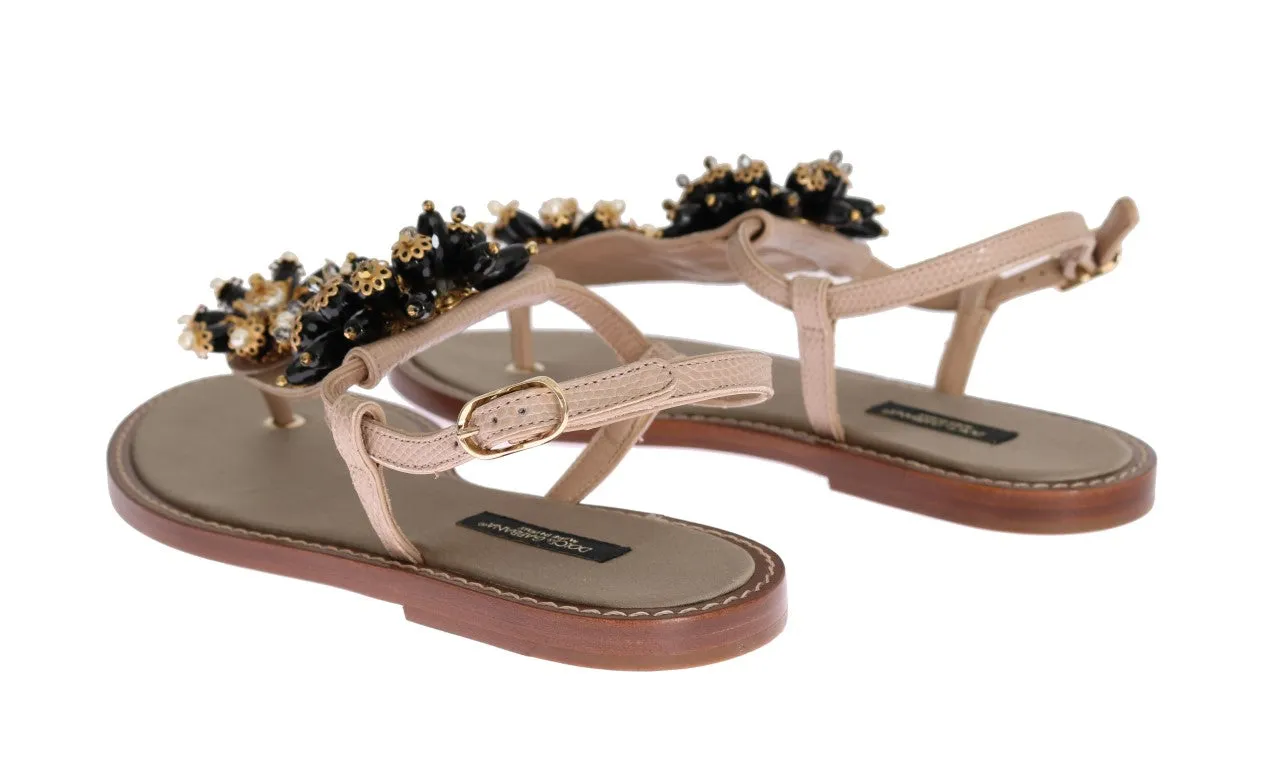 Beige Leather Crystal Floral Sandal