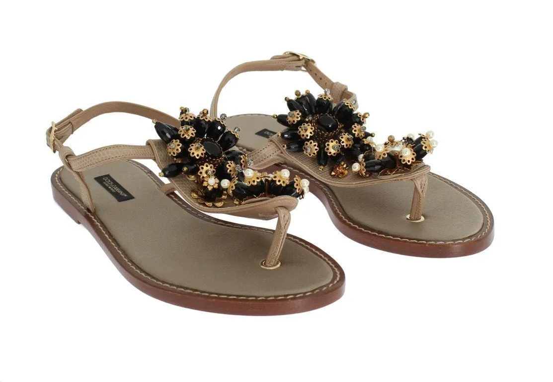 Beige Leather Crystal Floral Sandal