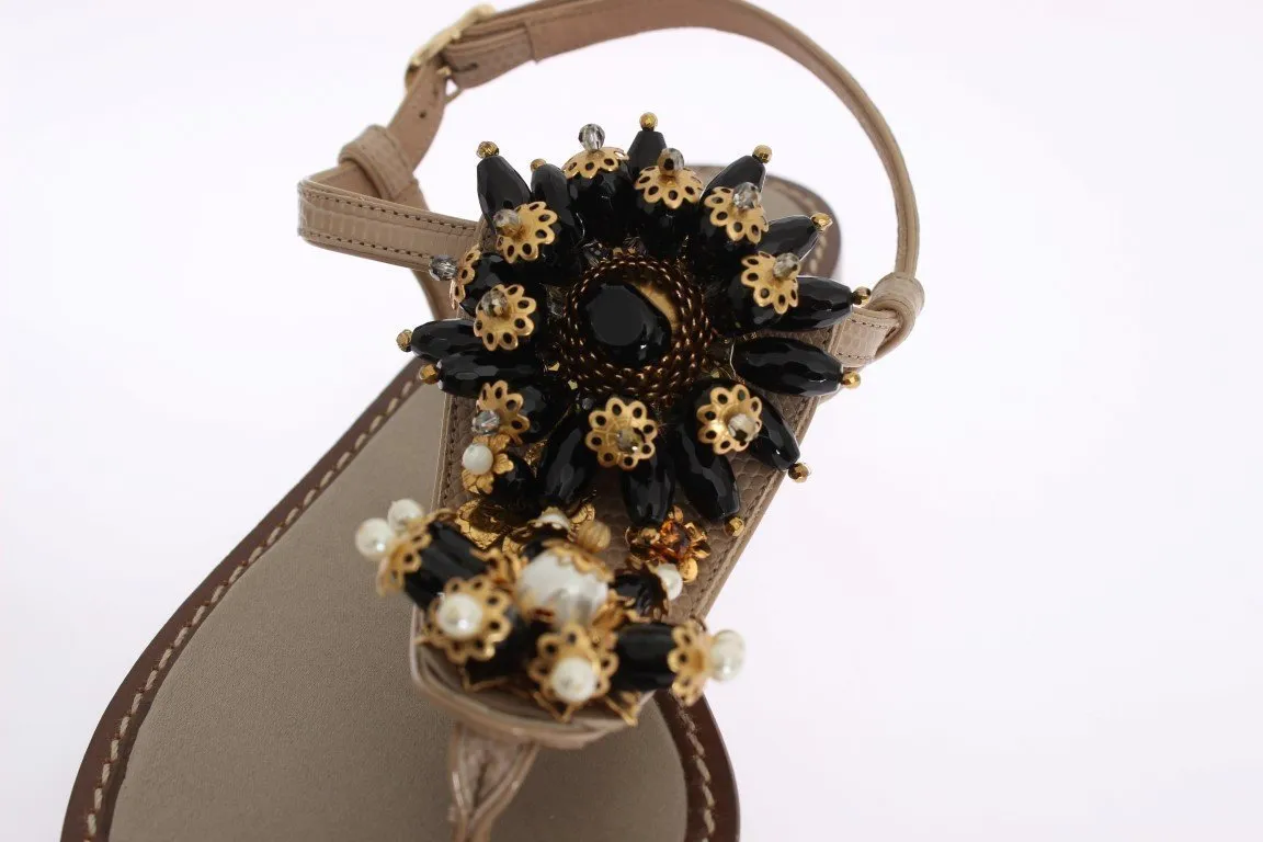 Beige Leather Crystal Floral Sandal