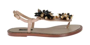 Beige Leather Crystal Floral Sandal