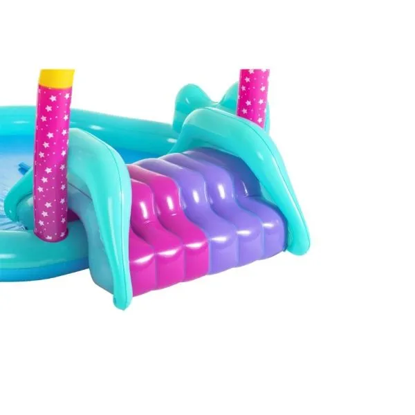 Bestway 9' X 6'6" X 54"/2.74M X 1.98M X 1.37M Magical Unicorn Play Center (1 pool, 1 slide, 1 inflatable star ring, 1 magic wand, 6 play balls,repair patch.)