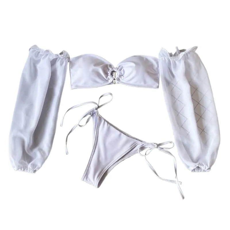 Bikini Set Chiffon Puff Sleeve O-Ring Bra Side Tie Bottoms Swimsuit White Beachwear