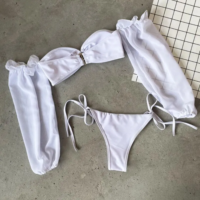 Bikini Set Chiffon Puff Sleeve O-Ring Bra Side Tie Bottoms Swimsuit White Beachwear