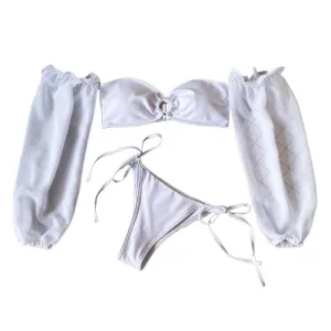 Bikini Set Chiffon Puff Sleeve O-Ring Bra Side Tie Bottoms Swimsuit White Beachwear