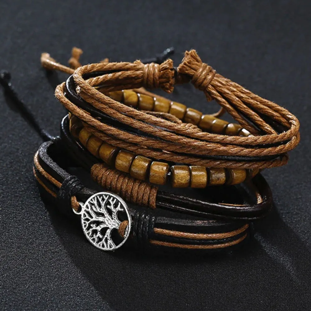 Black and Yellow Tree of life multi layer leather bracelet