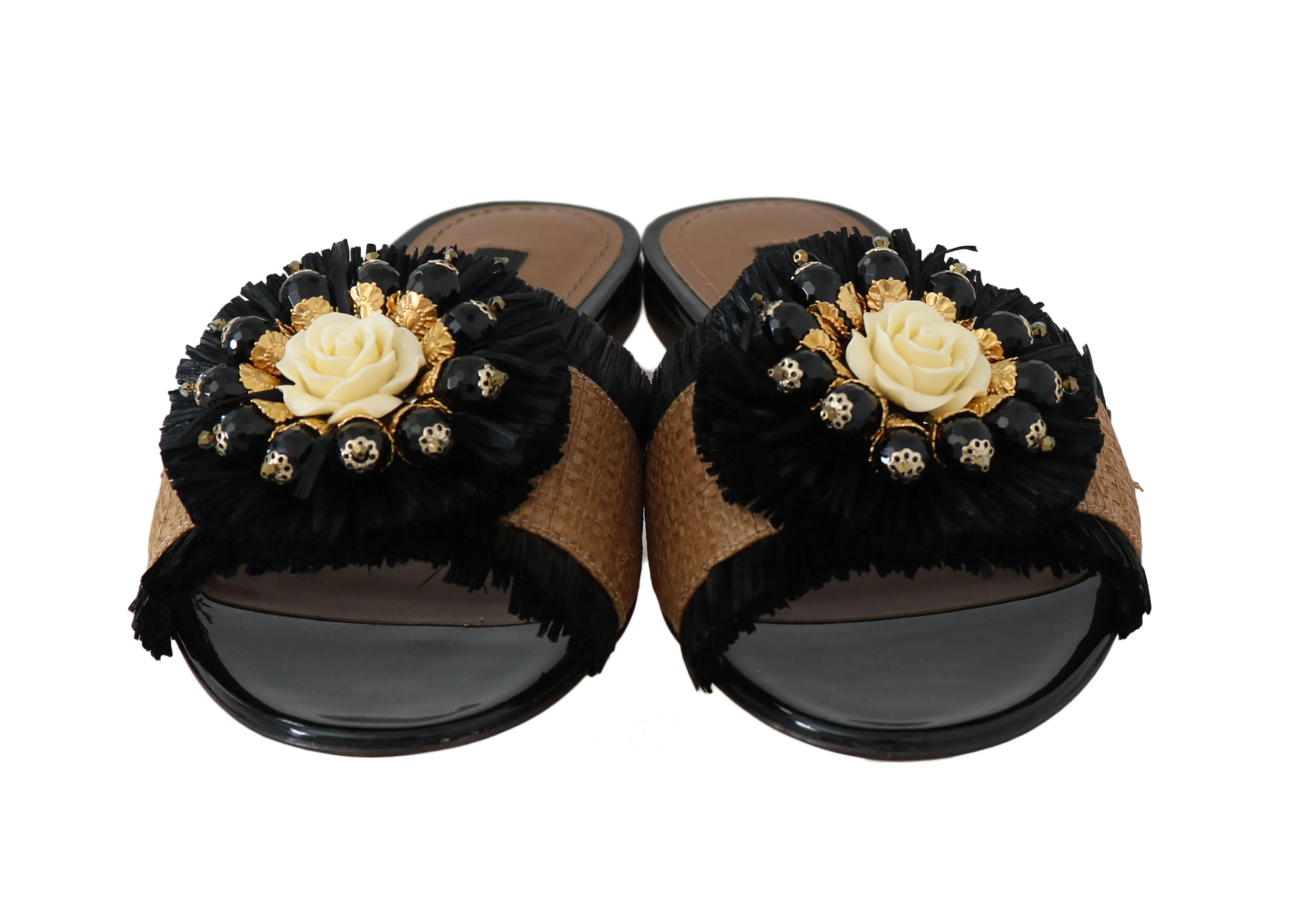 Black Brown Straw Crystal Flip Flops