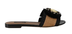 Black Brown Straw Crystal Flip Flops