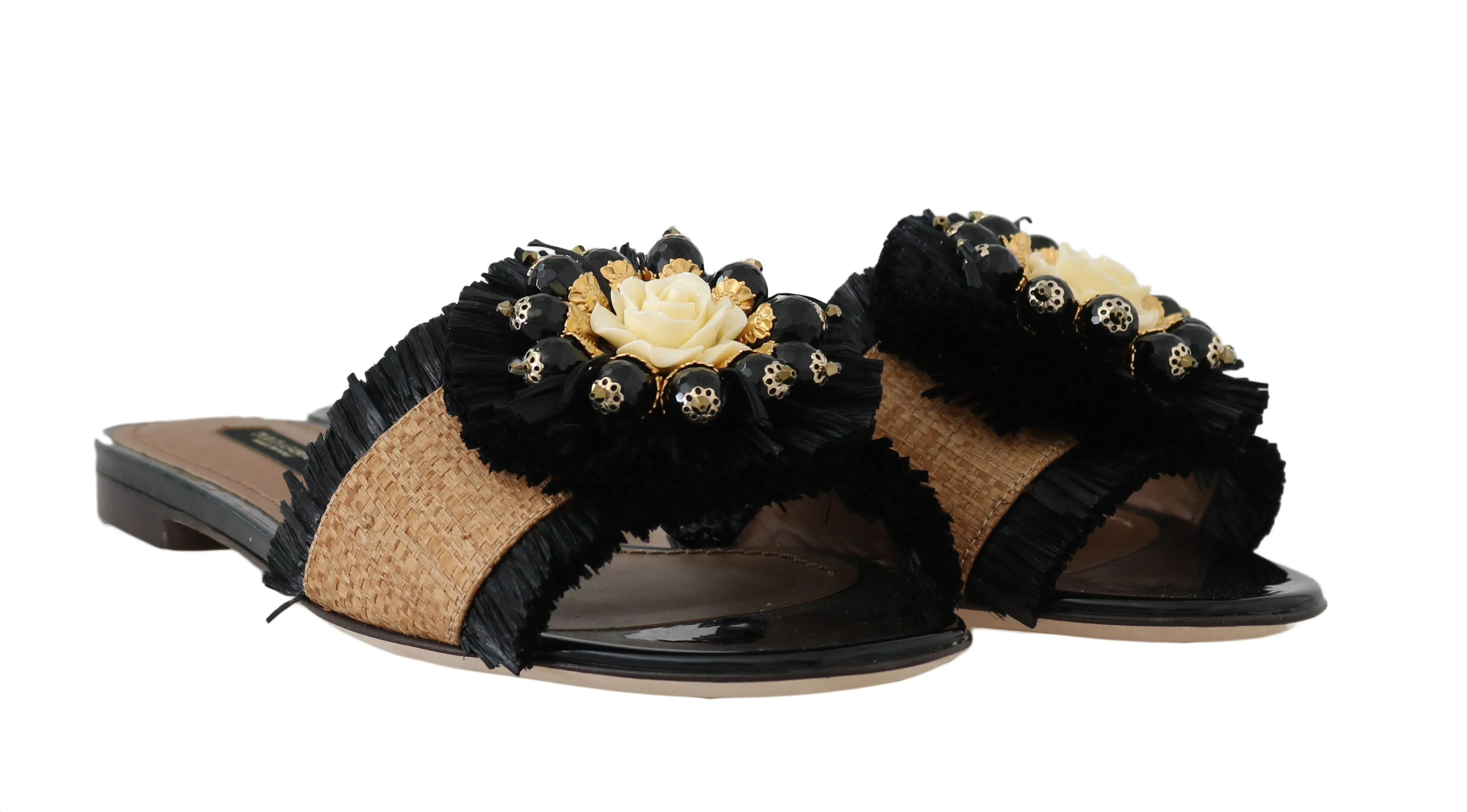 Black Brown Straw Crystal Flip Flops
