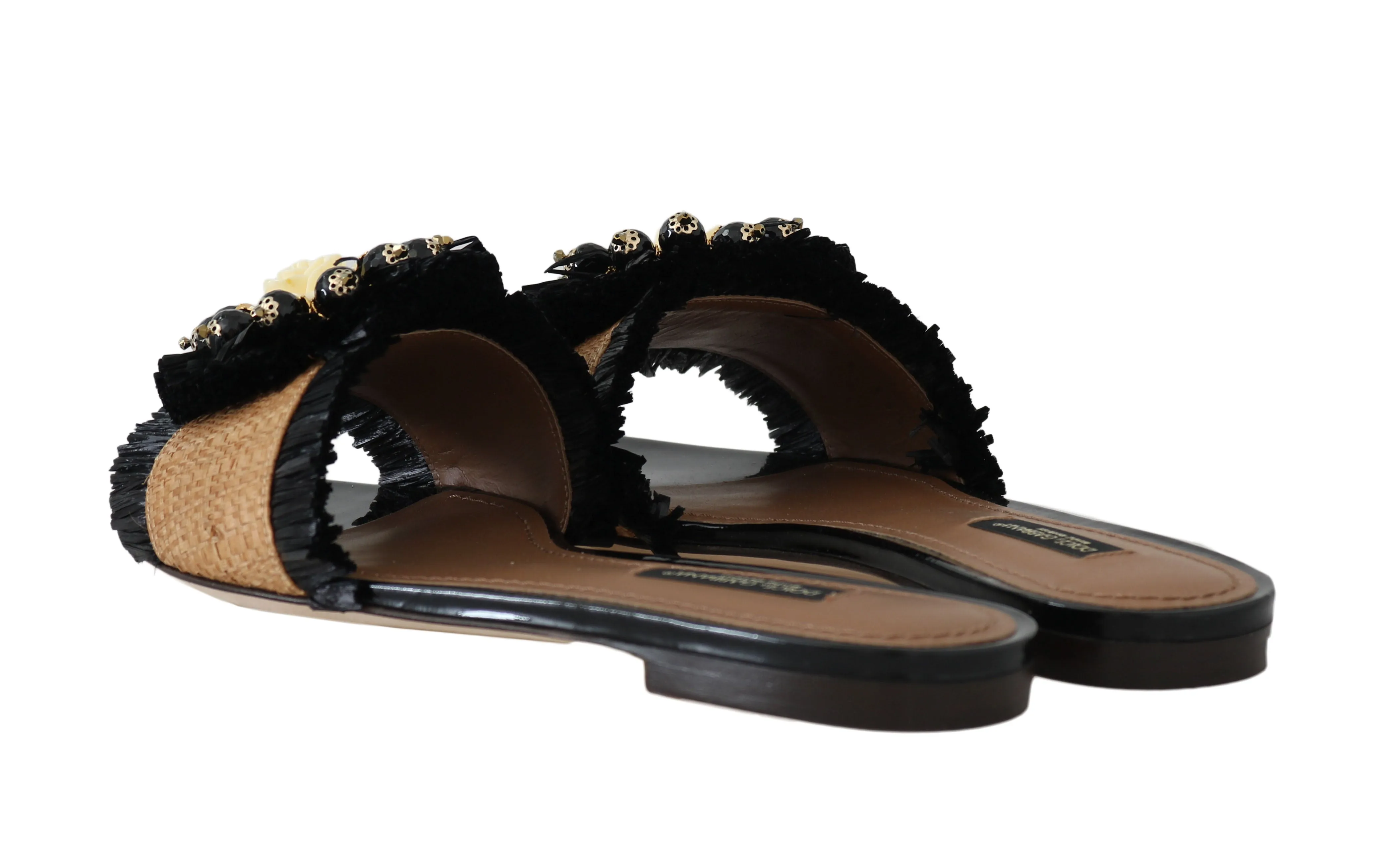 Black Brown Straw Crystal Flip Flops