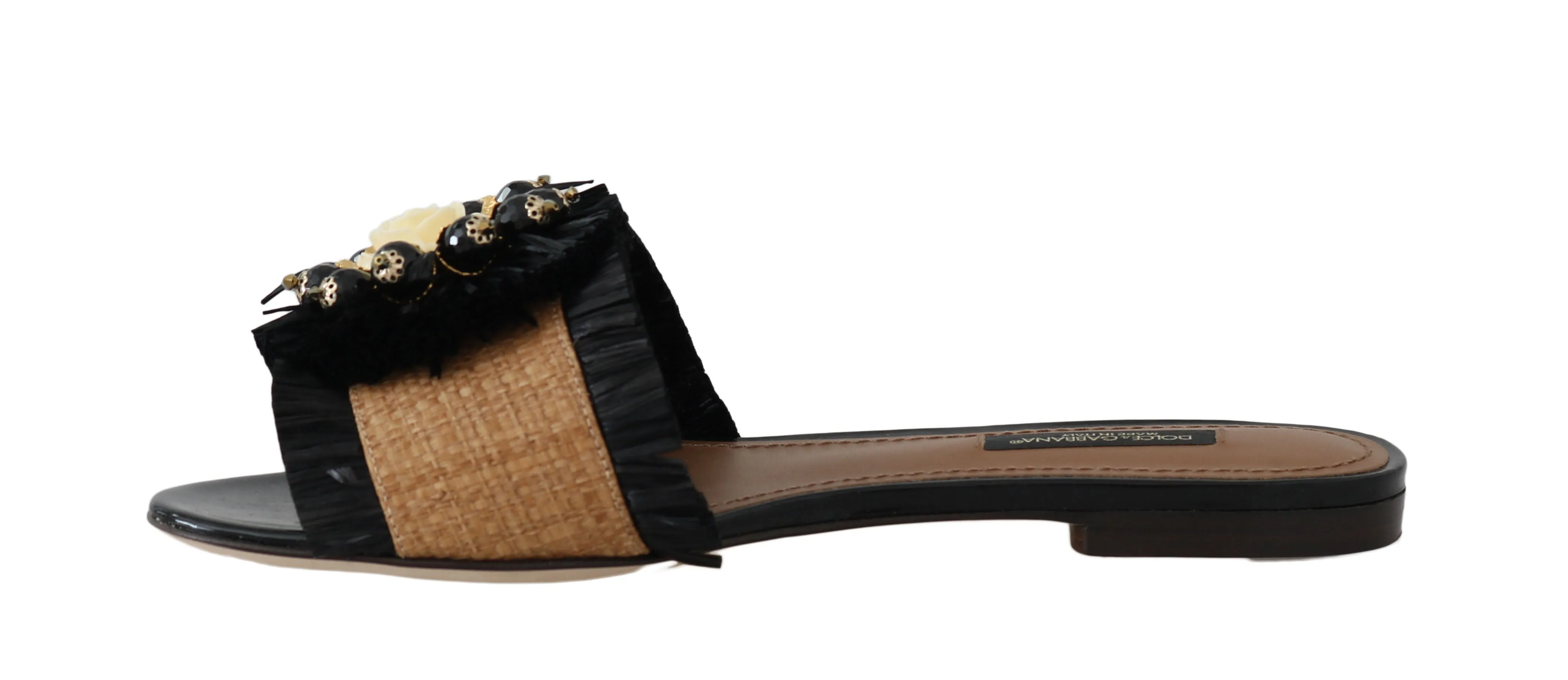 Black Brown Straw Crystal Flip Flops