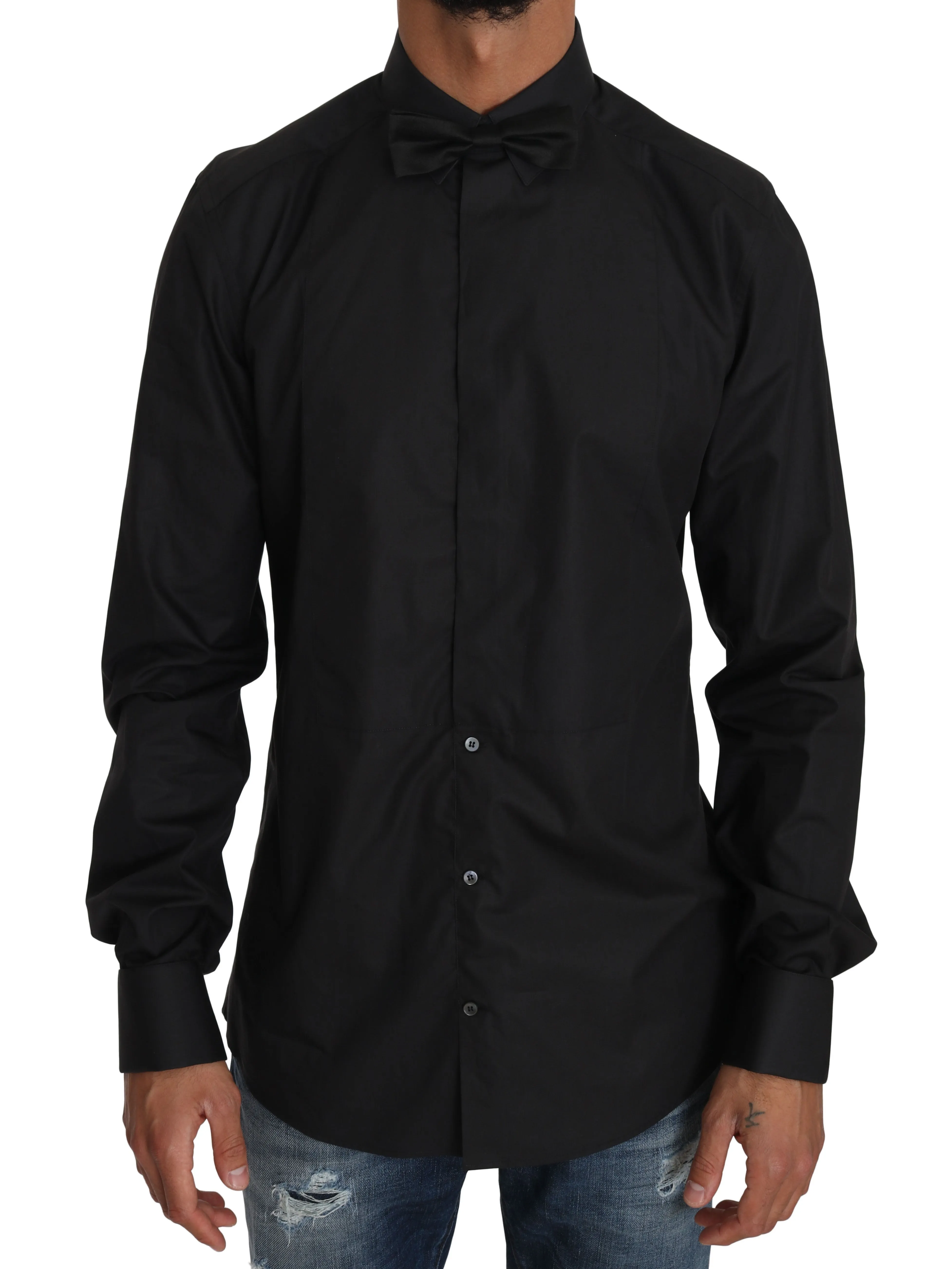 Black Cotton Bowtie Zipper Closure Shirt