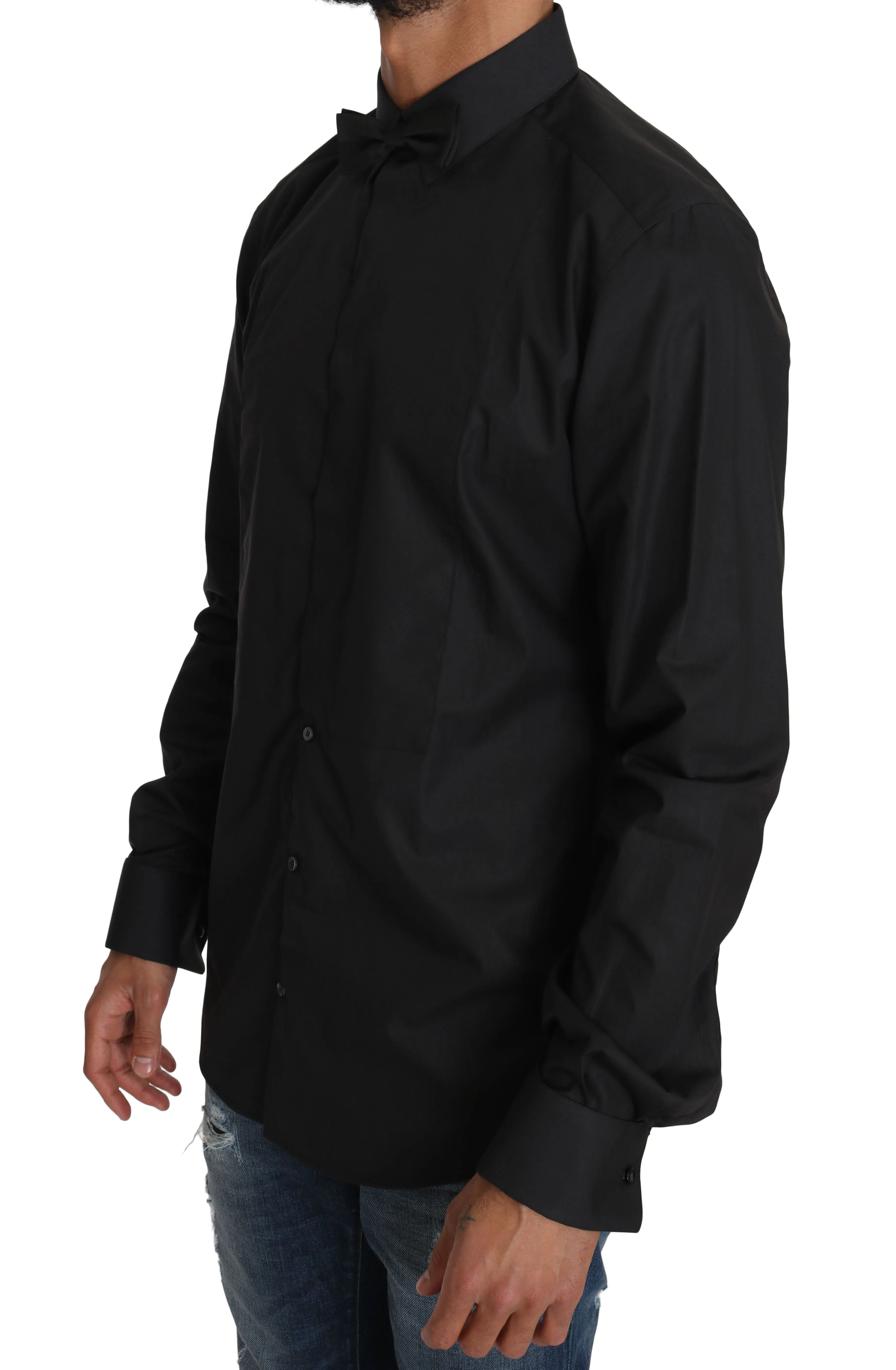 Black Cotton Bowtie Zipper Closure Shirt
