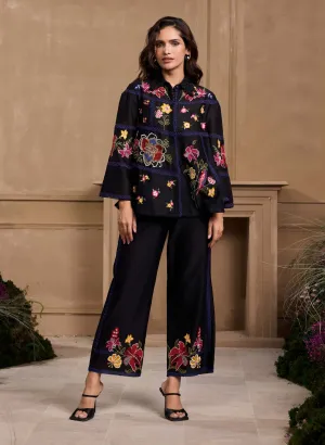Black floral embroidered panel shirt and pants