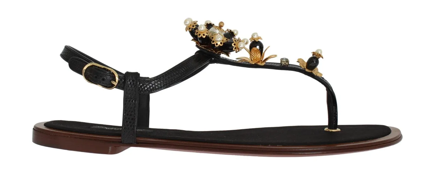 Black Leather Crystal Floral Flip Flop Sandals