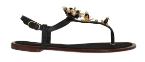 Black Leather Crystal Floral Flip Flop Sandals