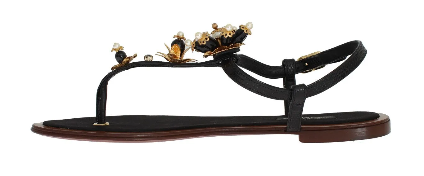 Black Leather Crystal Floral Flip Flop Sandals