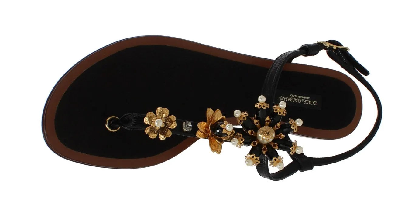 Black Leather Crystal Floral Flip Flop Sandals