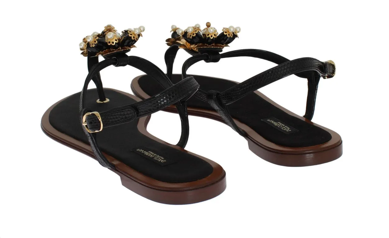 Black Leather Crystal Floral Flip Flop Sandals