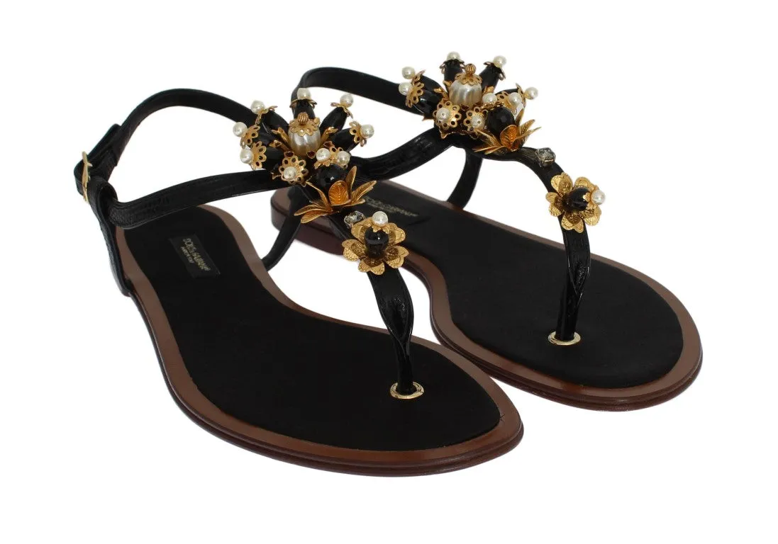 Black Leather Crystal Floral Flip Flop Sandals