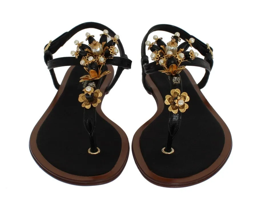 Black Leather Crystal Floral Flip Flop Sandals