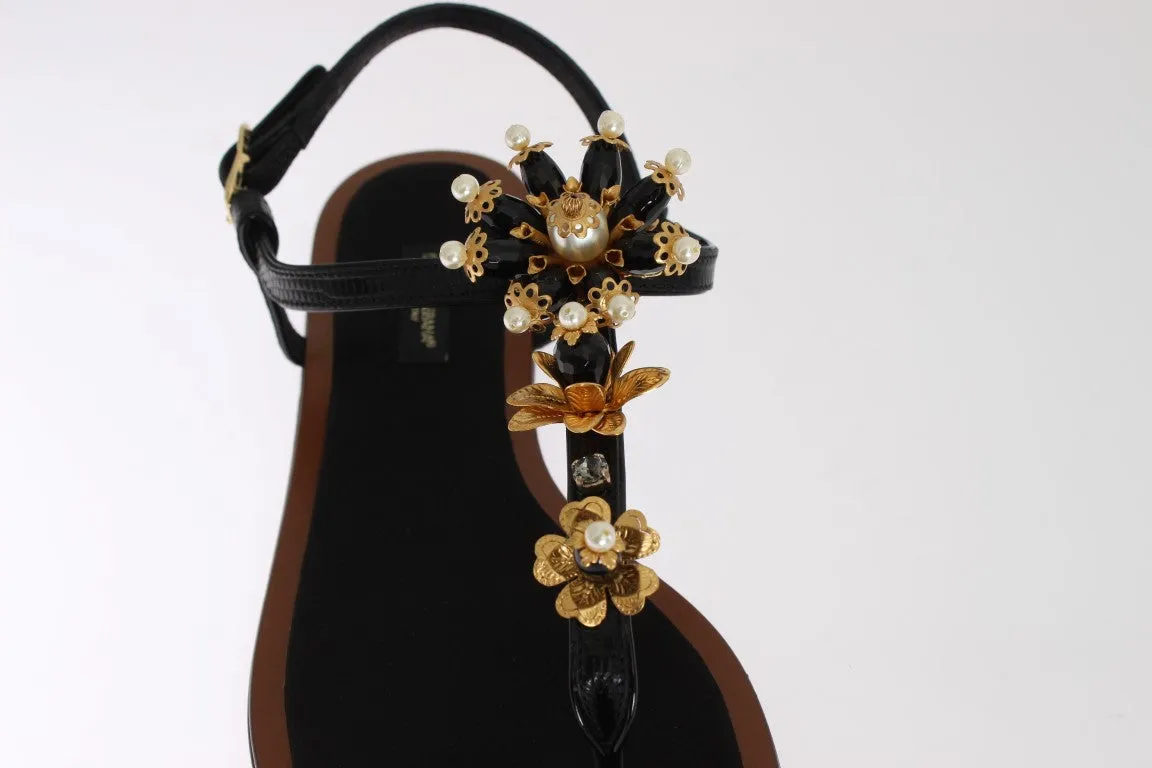 Black Leather Crystal Floral Flip Flop Sandals