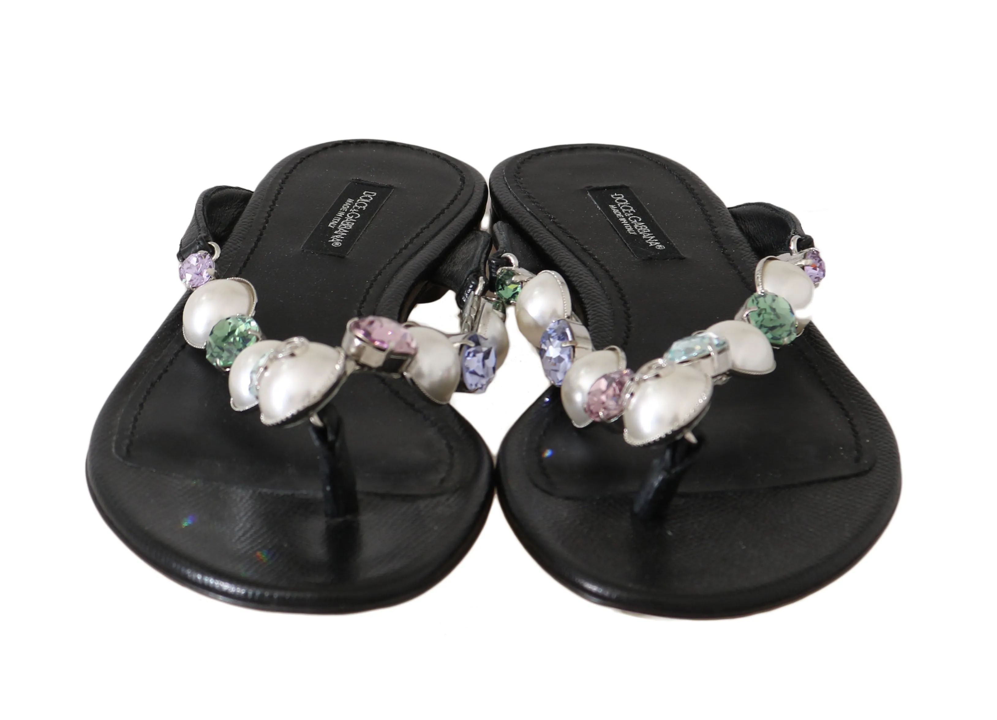 Black Leather Pearl Crystal Flip Flops