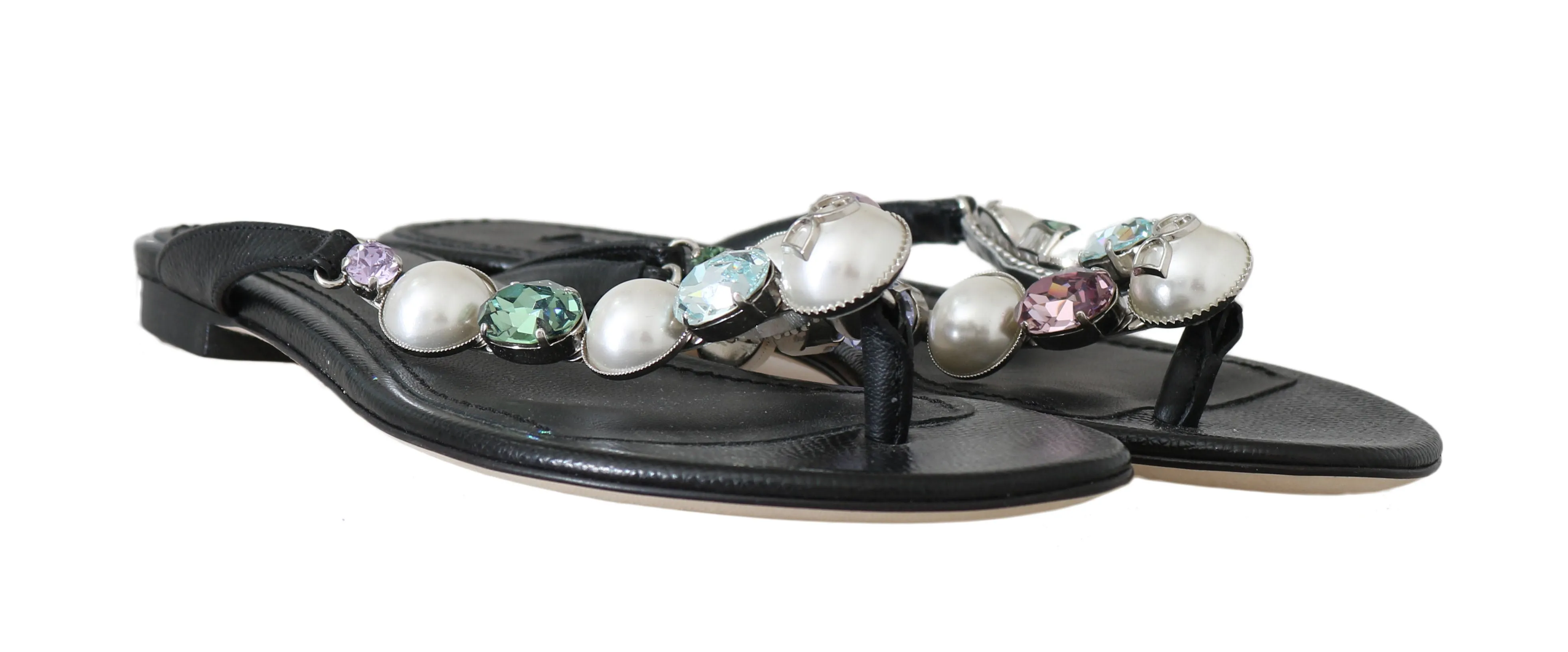 Black Leather Pearl Crystal Flip Flops