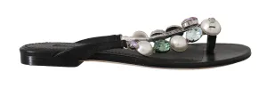 Black Leather Pearl Crystal Flip Flops