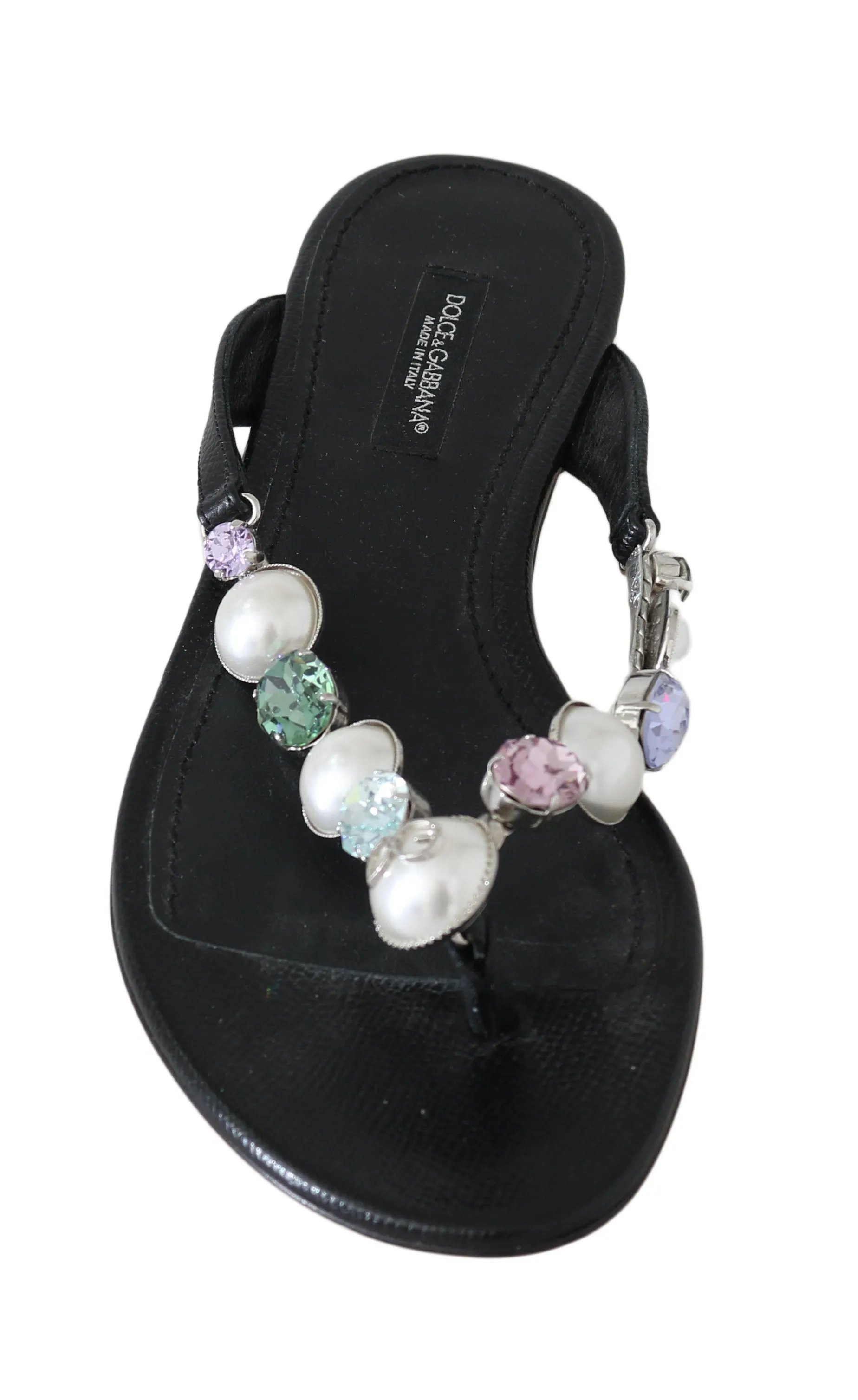 Black Leather Pearl Crystal Flip Flops