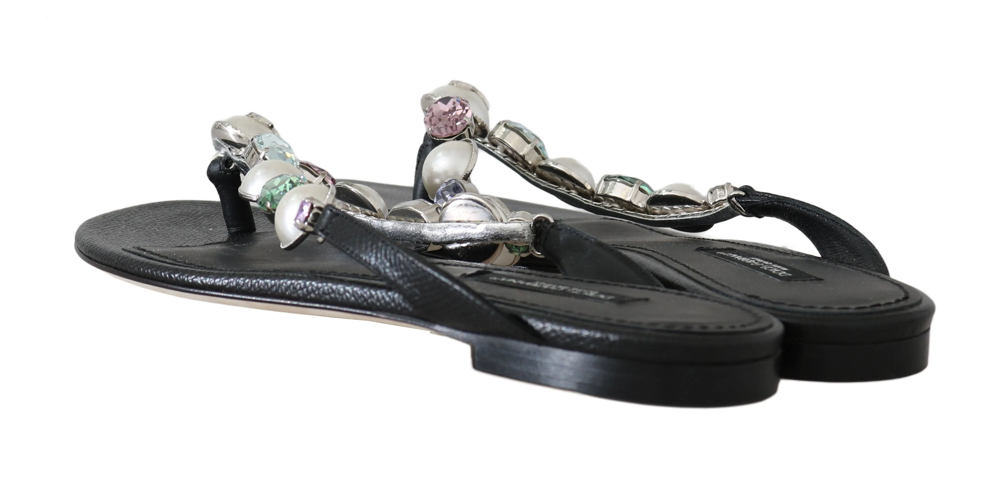 Black Leather Pearl Crystal Flip Flops