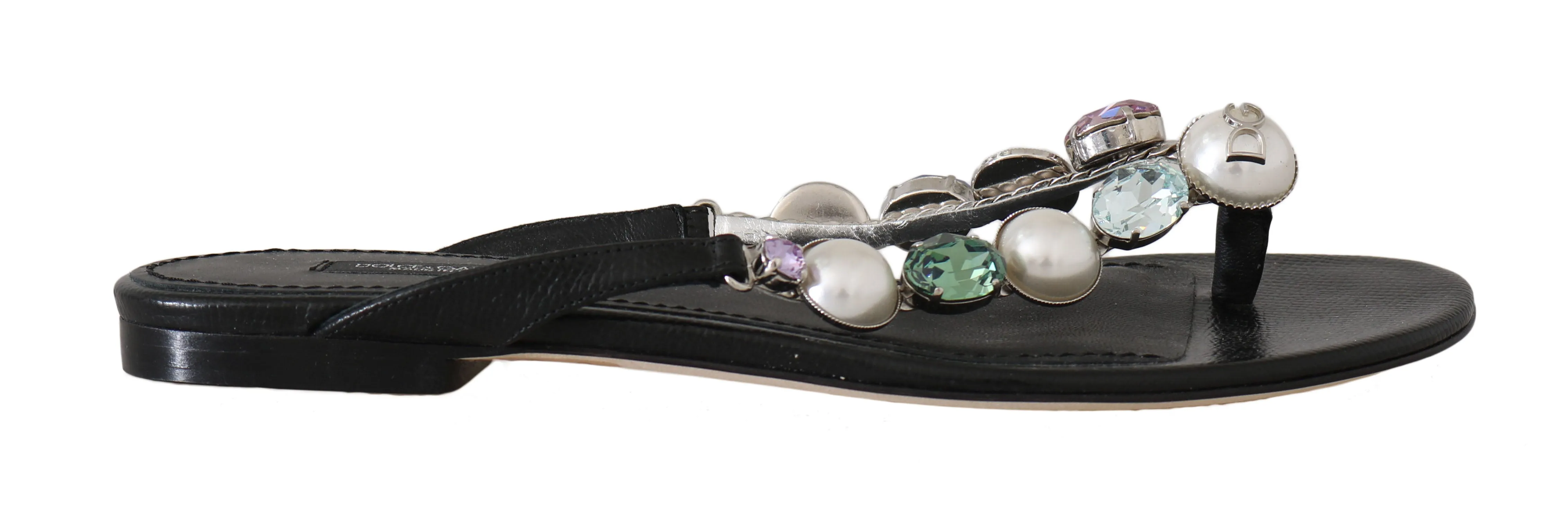 Black Leather Pearl Crystal Flip Flops