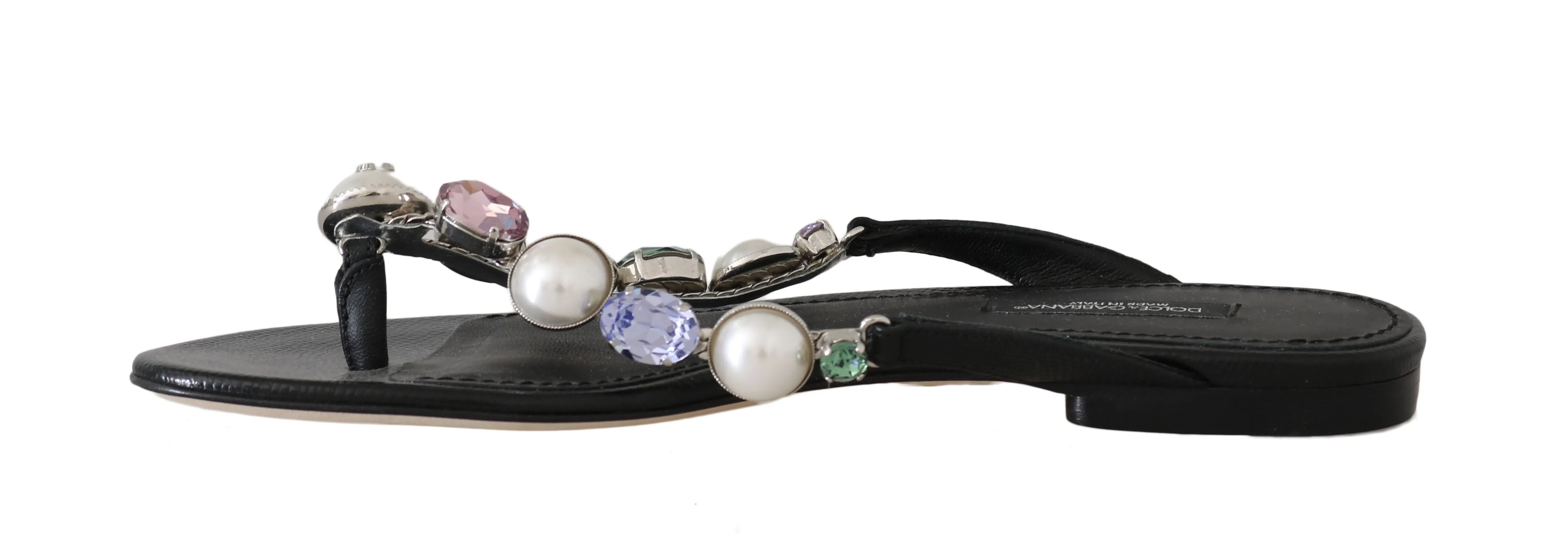 Black Leather Pearl Crystal Flip Flops