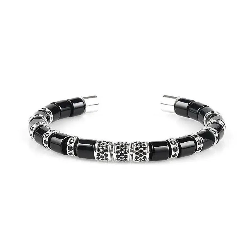 Black Onyx & Silver Beads Cuff Bracelet