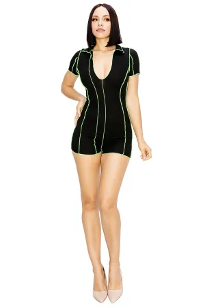 black w/green accent one piece romper shorts