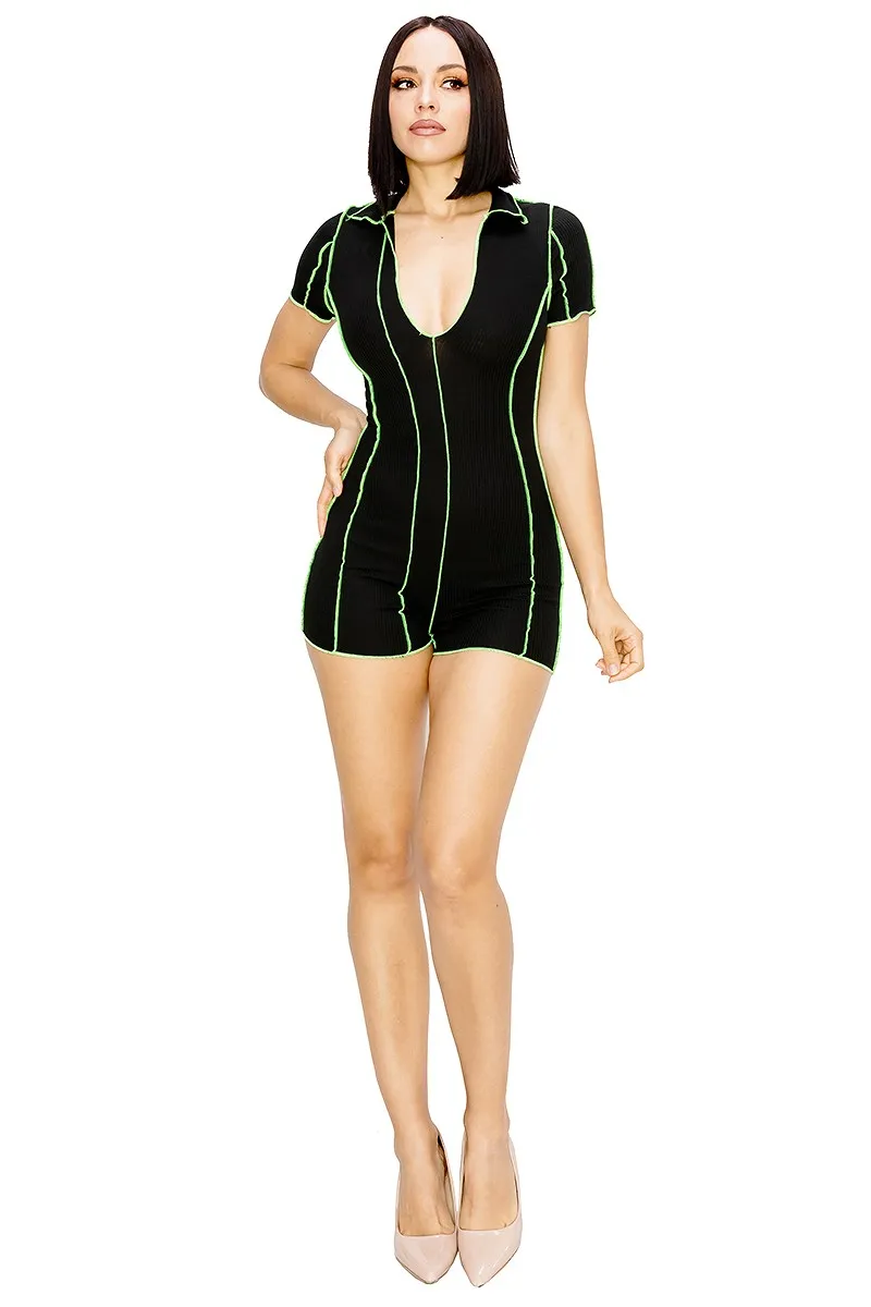 black w/green accent one piece romper shorts