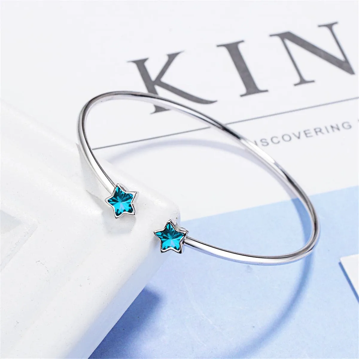 Blue Crystal & Silver-Plated Star Cuff