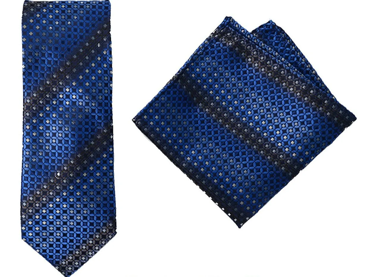 Blue Geometric Necktie   Hanky Set