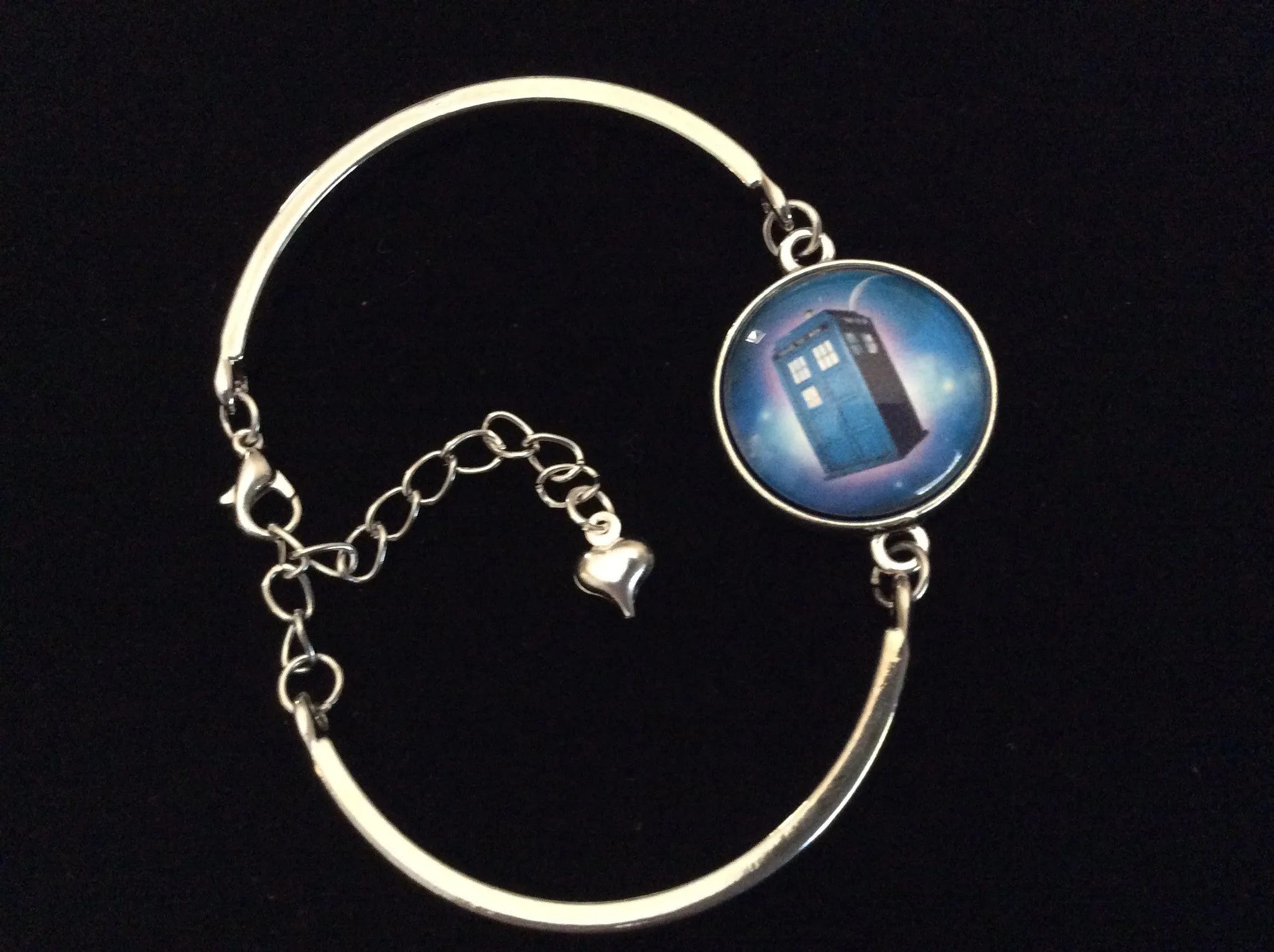 Blue Police Box Design Domed Charm on a Silver Adjustable Cuff Bracelet Trendy Gift Telephone Booth