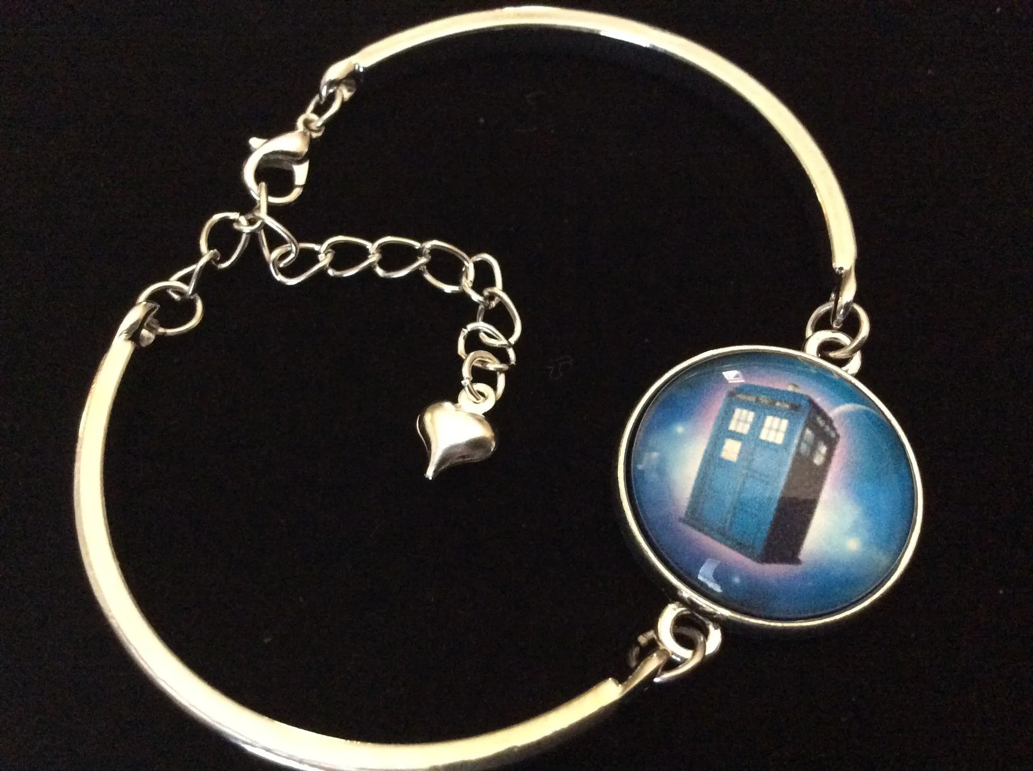 Blue Police Box Design Domed Charm on a Silver Adjustable Cuff Bracelet Trendy Gift Telephone Booth