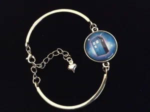 Blue Police Box Design Domed Charm on a Silver Adjustable Cuff Bracelet Trendy Gift Telephone Booth