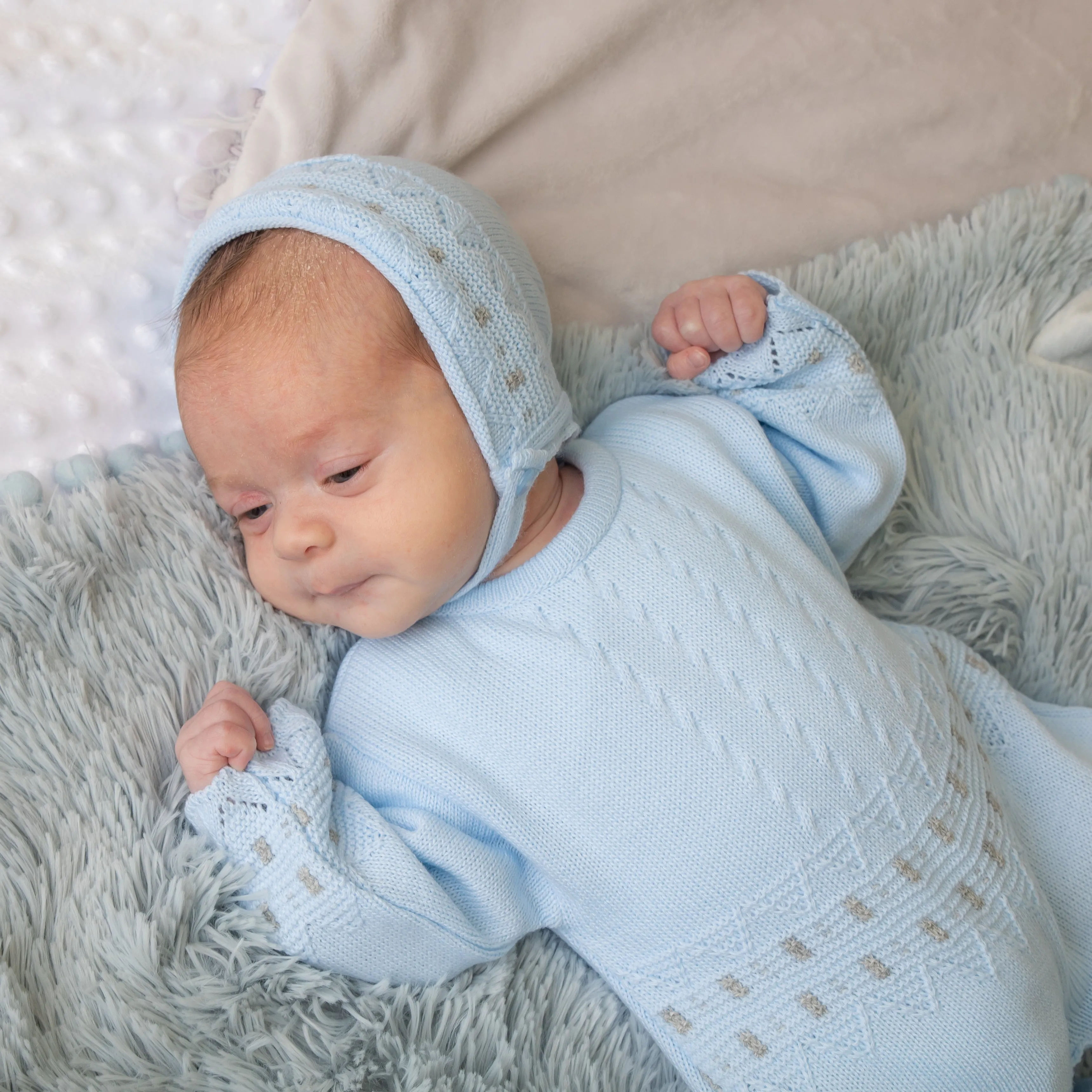 Blue Zig Zag Knitted Onesie & Hat
