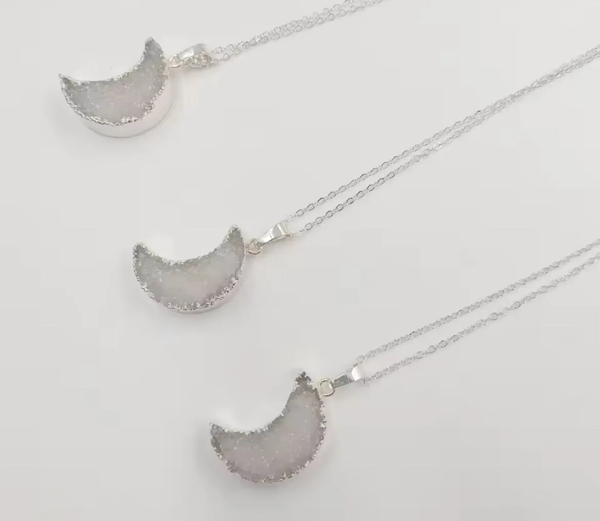 Boho & Mala Moon Druzy Silver Necklace