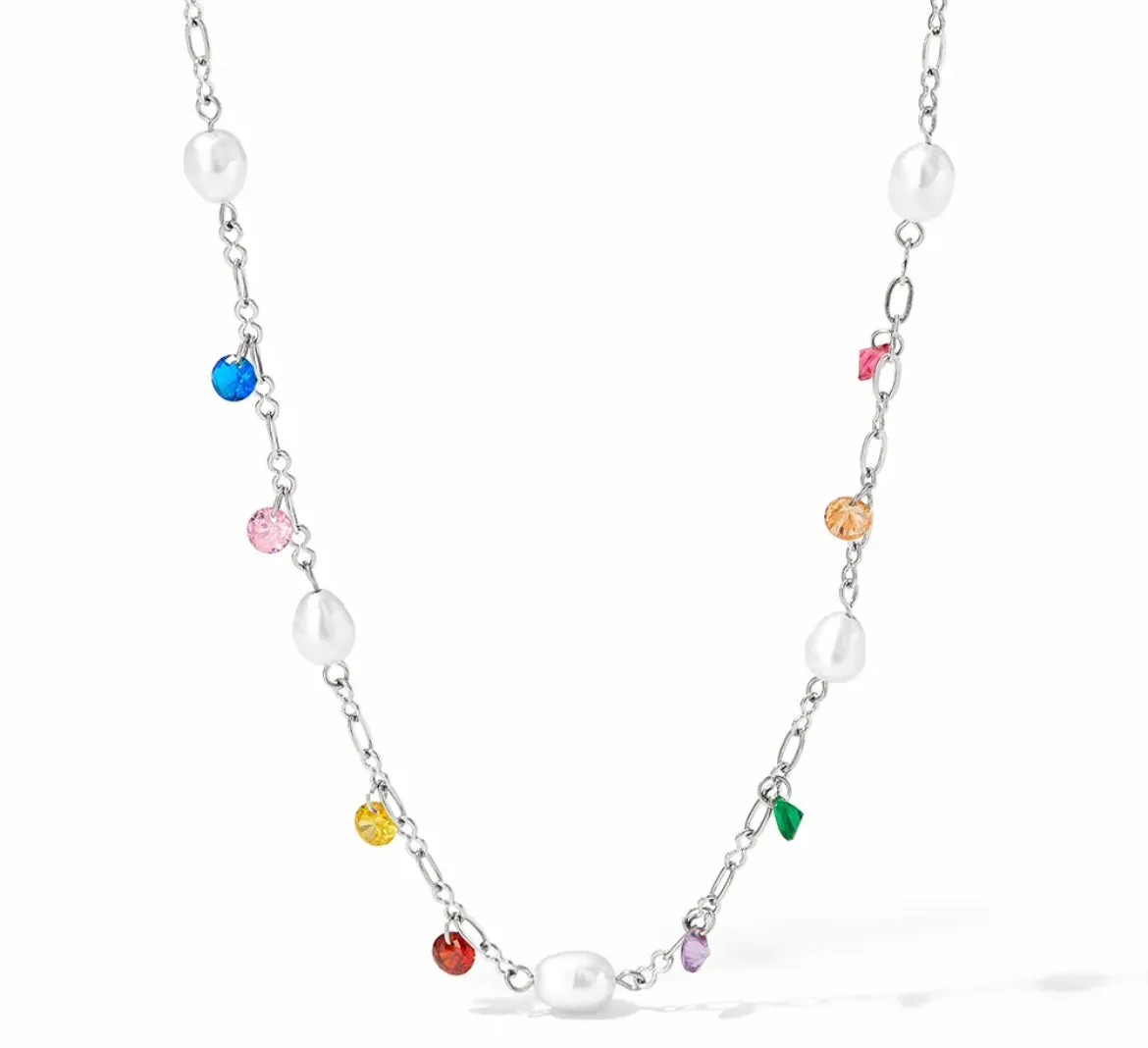 Boho & Mala Silver Pearl & Colorful Crystal Necklace