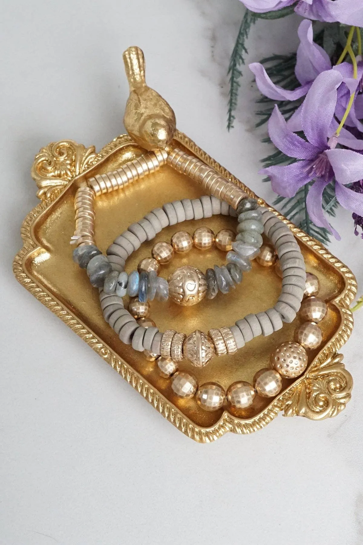 Boho Beads Bracelets set of 3 piece with Semi Precious Labra