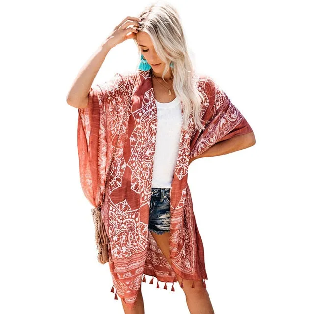 Boho Bohemian Print Blue Summer Beach Wear Long Kimono Women Swimsuit Cover Up Plus Size Bikini Coverup Sarong Plage