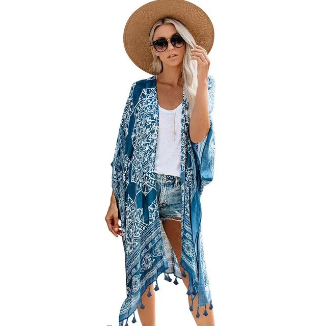 Boho Bohemian Print Blue Summer Beach Wear Long Kimono Women Swimsuit Cover Up Plus Size Bikini Coverup Sarong Plage