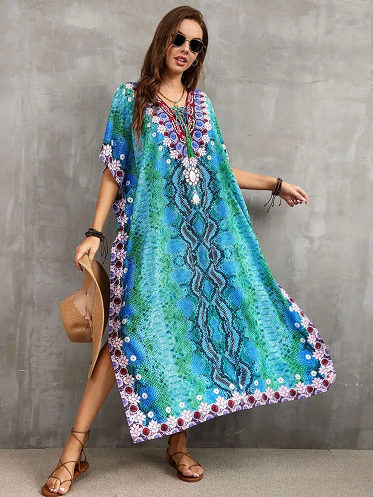 Boho Maxi Beach Robe with Vibrant Print