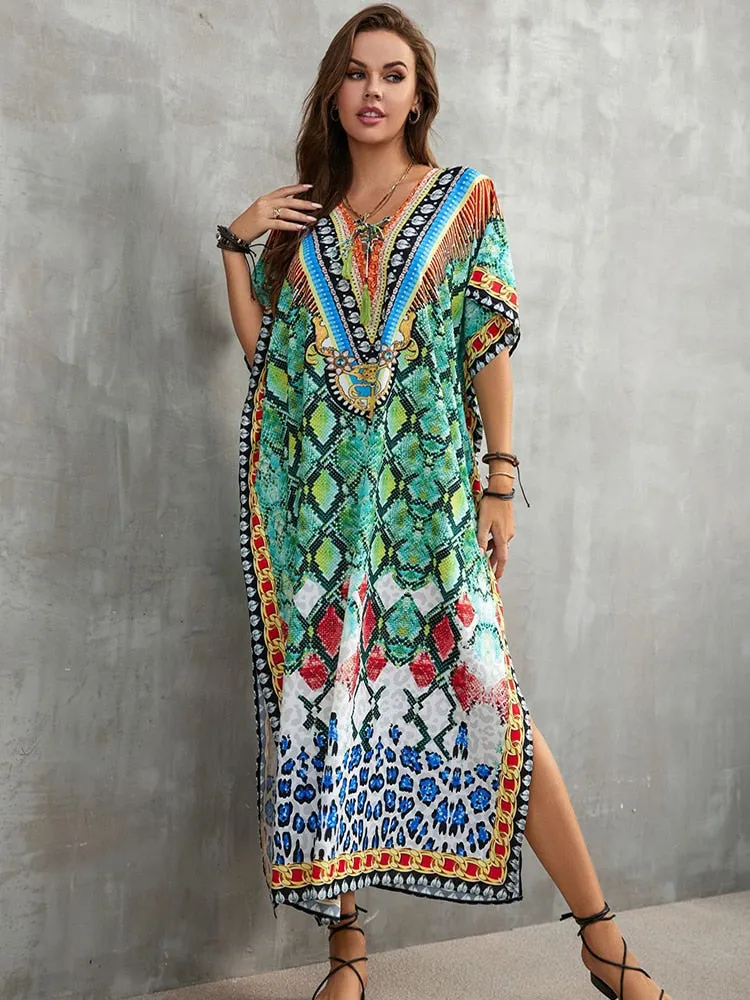 Boho Maxi Beach Robe with Vibrant Print